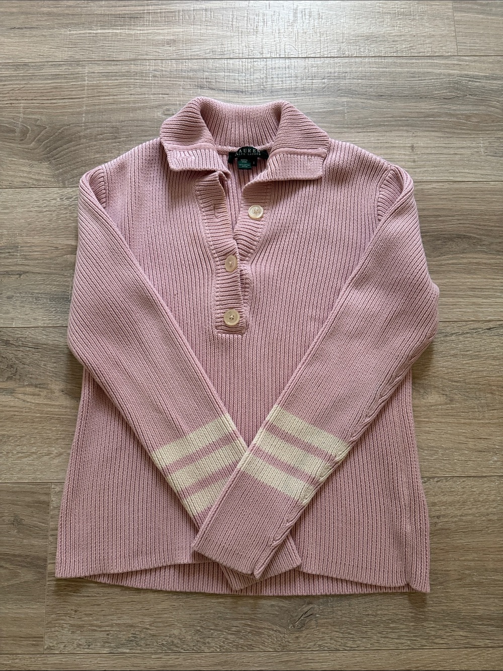 Ralph Lauren Pink Ribbed Polo-Style Turtleneck Sweater with Ivory Stripes